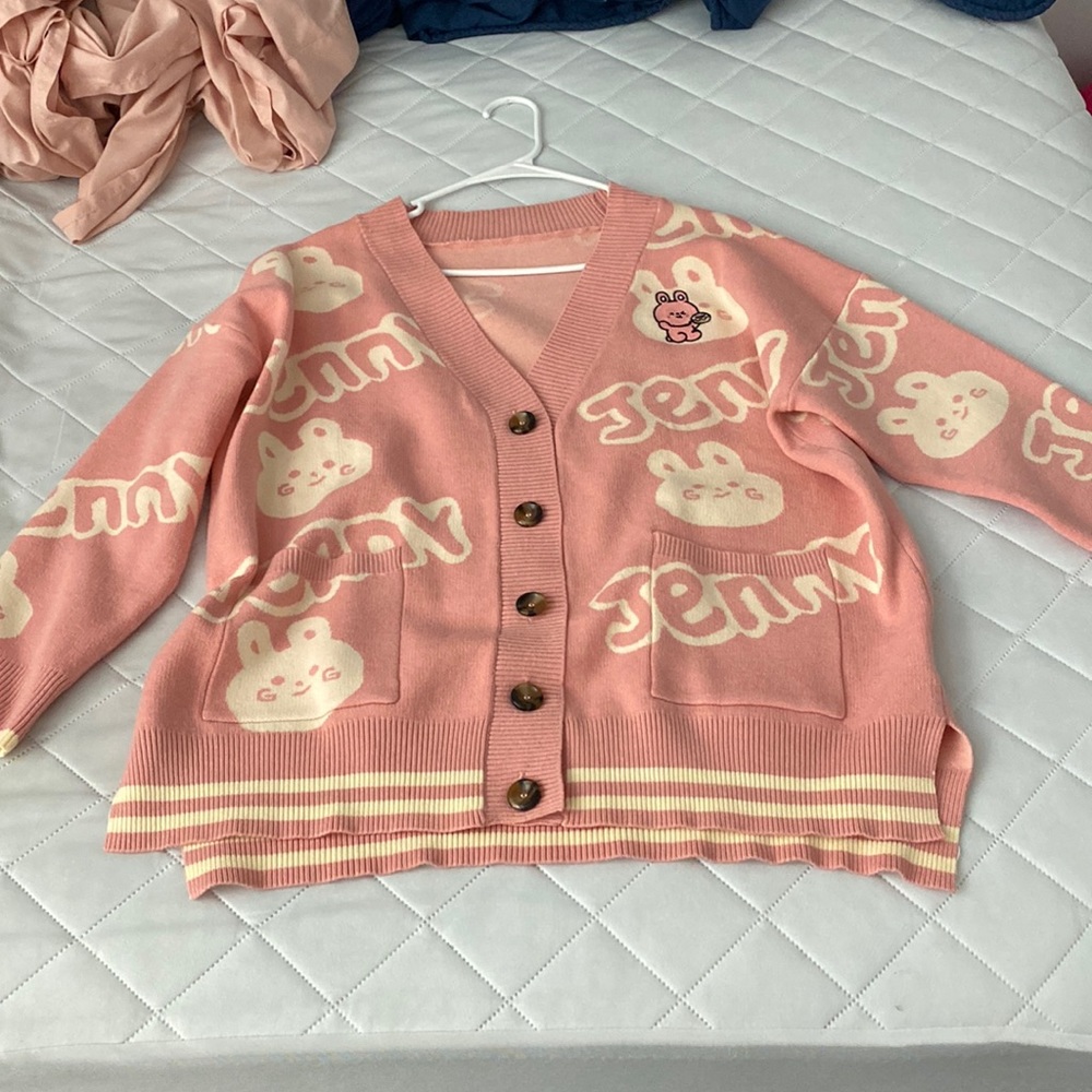 Letter And Rabbit Pattern Slit Hem
Pocket Front Cardigan